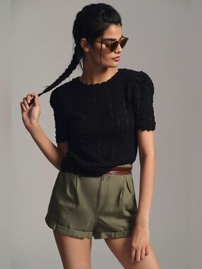 By Anthropologie Black Lace Knit Short-Sleeve Top